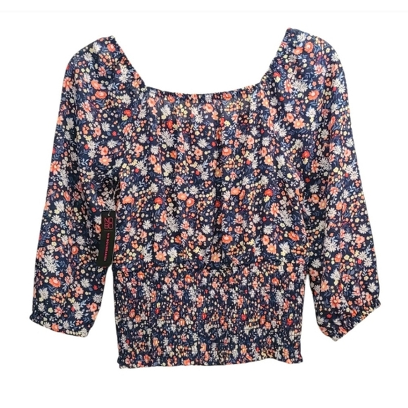 No Bounderies Off Shoulder Long Sleeve Smocked Sheer FloralCrop Top Blouse Small - Picture 2 of 6